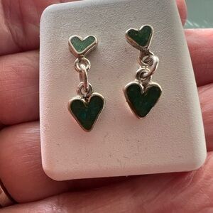 Vintage Genuine Turquoise Green Heart Drop Sterling Silver Earrings